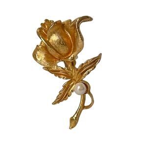 1990s Gold Plate Creamy Glass Pearl Vintage Blooming Rose Flower Pin Brooch